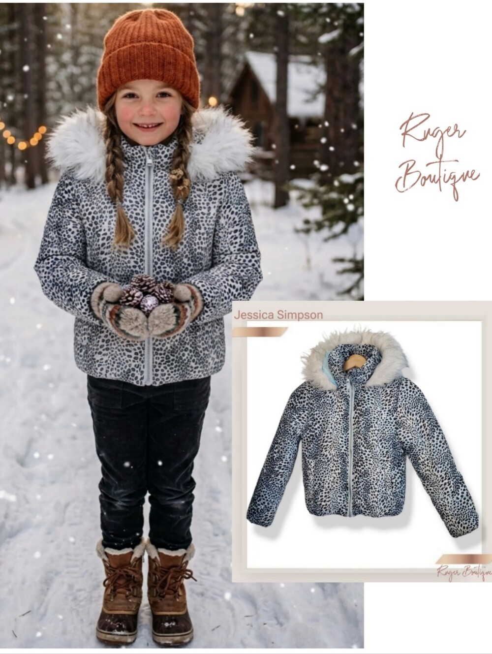 🌿Jessica Simpson Girls Blue Leopard Puffer Coat Hood Size S 7/8 ❄️